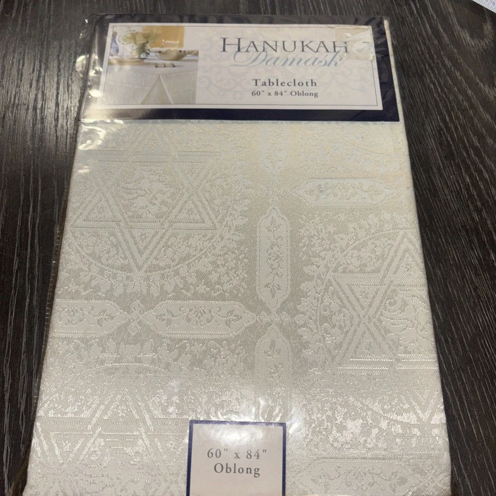Hanukah Tablecloth Damask Oblong 60x 84 Grey Festival Of Lights